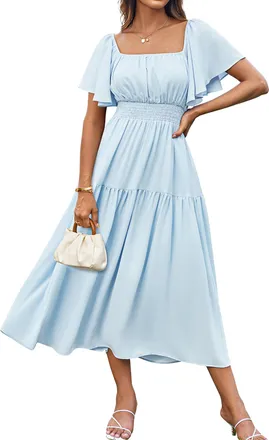 Grace Karin Ladies Elegant Chiffon A-Line Dresses Square Neck Ruffle Sleeve Tiered Beach Dresses Light Blue XL