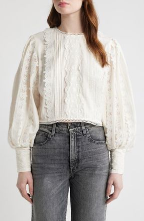 AllSaints Hart Lace Embroidered Bishop Sleeve Top in Optic White at Nordstrom, Size 12 Us