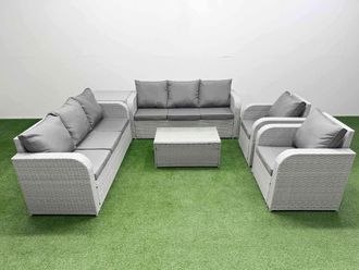 Fimous PE Rattan High Back Lounge Sofa Set Patio Coffee Table & Chairs Set with 3 Seater Sofa Reclining Chair Side Table Light Grey