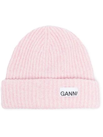 Ganni Light Pink Logo Wool Beanie