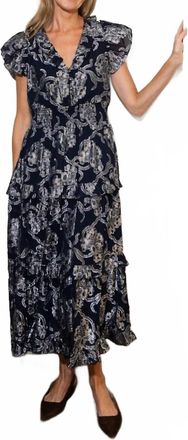 Sail to Sable Metallic V-Neck Ruffle Hem Midi Dress In Navy