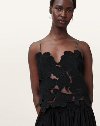 AllSaints Cotton Flora V-Neck Embroidered Top, Size: XS