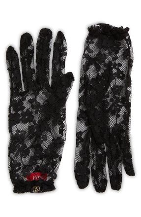 Valentino Garavani VLOGO Sheer Floral Lace Gloves in N06 Nero/Oro at Nordstrom, Size 8
