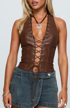 Princess Polly Light On Lace-Up Faux Leather Halter Top in Chocolate at Nordstrom, Size 0