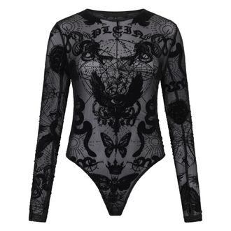 Philipp Plein Tops, Dames, Zwart, XS, Tule, Long Sleeve Bodysuit Flock Butterfly Tattoo