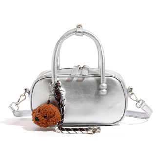 Generic Cymwer Women PU Leather Bowling Shoulder Bag with Zipper for School Work Travel(Silver) (Silver)