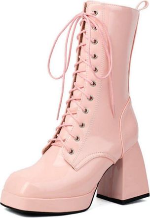 Generic Womens Patent Leather Platform Mid-Calf Boots with Front Lace-Up and Chunky Heel, Riding Style,Pink,13 UK