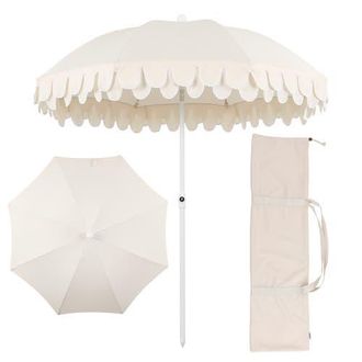 Jonathan Y Designs Horizon Coastal Scalloped Edge Beach Umbrella with Fringe, Push-Button Tilt, UV 50 Outdoor Canopy and Portable Carry Bag in Cream - White