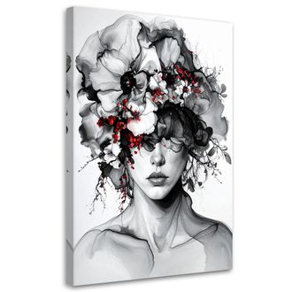 Feeby Cuadro Sobre Lienzo Retrato En Blanco Y Negro De Mujer Con Corona De Flores 80x120