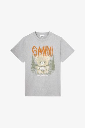 Ganni Grey T-shirt with Forest Teddy - Size XXS Organic Cotton