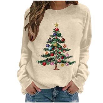 Generic Christmas Ugly Jumpers Women Christmas Tree Printed Jumper Novelty Fleece Long Sleeve Sweatshirt Oversized Pullover Tops Xmas Graphic Funny Sweater Wi