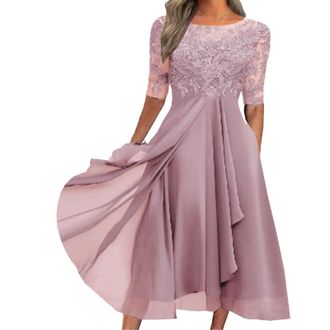 Generic Classy Mother of The Bride Dress Cocktail Dresses for Women Lace 3/4 Sleeves Wedding Guest Formal Dress Pink