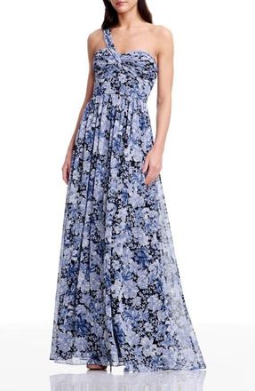 Dress The Population Idalia Metallic Floral One-Shoulder Gown in Navy Multi at Nordstrom, Size Small