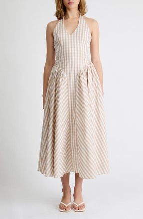 Extro&Vert Elodie Gingham Halter Dress in Beige Gingham at Nordstrom, Size X-Large