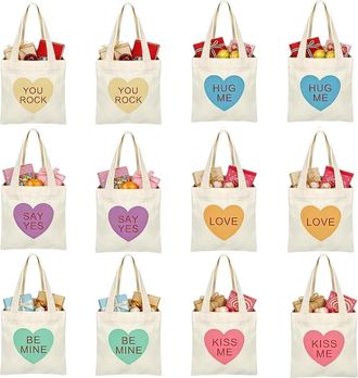 Generic Mini Conversation Heart Canvas Bags, 6/12 PCS Valentines Day Tote Heart Bags, Reusable Hearts Canvas Gift Tote Bag for Women Valentines Gift (12pcs)
