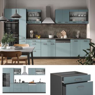 Vicco Mueble De Cocina R-line, Gris Azulado/antracita, 350 Cm Con Armario Alto, Et M&aacute;rmol