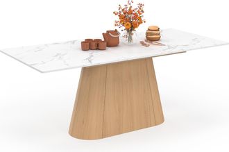 IDMarket Rhonda Tavolo Da Pranzo Rettangolare Allungabile 6-10 Persone Alaska Piano In Marmo Bianco E Finitura In Faggio 160-200 Cm
