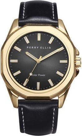 Perry Ellis Solar Leather Strap Watch, 41mm in Gold at Nordstrom Rack