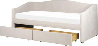 Beliani Cama Con Almacenaje 90 X 200 Tama&ntilde;o Individual Tapizado Poli&eacute;ster Somier Madera Eucalipto Cajones Contrachapado Moderno Beige Claro Vittel