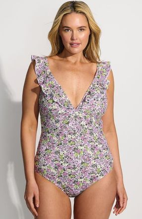 Lands End Pique Ruffle One Piece Swimsuit in White Multi Ditsy Floral at Nordstrom, Size 16W