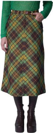 Manoush Geruite Fluwelen Rok met Voorsplit - Dames - Midirokken - Groen - 3XS - Katoen - Rokken
