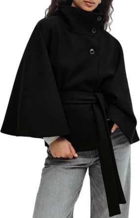 Generic Women Batwing Sleeve Ponchos Pea Coat, Cropped Jacket Women Dressy Funnel Neck Jacket Winter Blazers with Waist Tie (Black,M)
