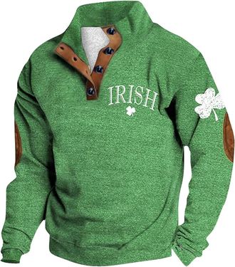 Generic Mens St. Patricks Day Sweatshirt UK Retro Green Irish Jumper Clover Shamrock Printed Pullover Zip Up Blouse Long Sleeve Shirt Round-Neck Sweater Irela