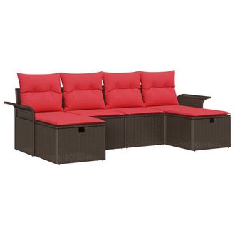 vidaXL Conjunto De Sof&aacute; De Jard&iacute;n 6 Pcs Marr&oacute;n Y Rojo Rat&aacute;n Sint&eacute;tico Vidaxl