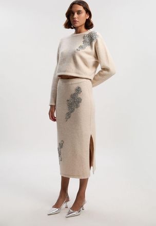 Karen Millen Womens Wool Blend Embellished Cosy Pencil Midi Skirt - Cream - Size X-Small