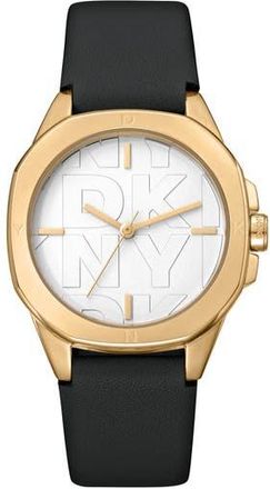 DKNY 316L Leather Strap Watch in Black at Nordstrom Rack
