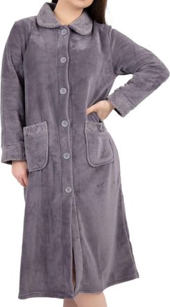 Slenderella Ladies Button Up Coral Fleece Dressing Gown Bath Robe with Waffle Detail Small (Grey)