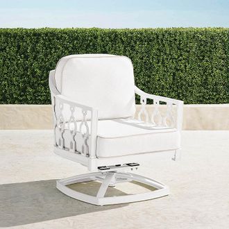 Frontgate Avery Swivel Lounge Chair with Cushions in White Aluminum - Standard, Sailcloth Cobalt with Natural Piping - Frontgate