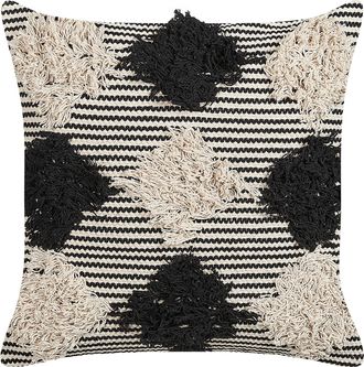 Beliani Coj&iacute;n De Algod&oacute;n Beige Negro 50 X 50 Cm Hecho A Mano Patr&oacute;n Geom&eacute;trico Bhusawal