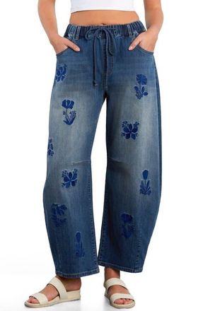 HINT OF BLU Embroidered Barrel Leg Drawstring Jeans in Ace Blue at Nordstrom, Size X-Small