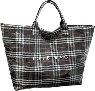 Generic Christmas Red Plaid PVC Tote Bag for Women - Large Vintage Letter Print Plastic Handbag with Top Handle, Spacious Shopping Work Gift (Black)