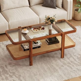 Costway Costway 2-Tier Coffee Table w/ Storage Rectangular Center Table w/Glass Top in Brown
