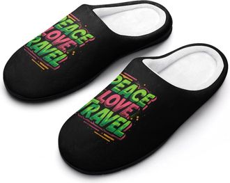 Generic Peace Love Travel Mens Cozy Cotton Slippers with Memory Foam Lightweight Anti-skid House Shoes for Indoor Outdoor