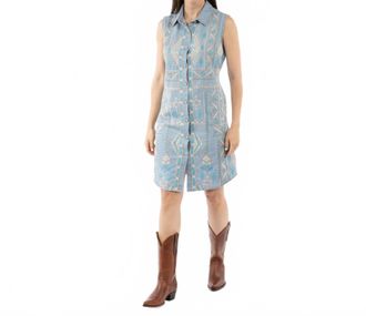 Scully Sleeveless Embroidered Button Front Dress In Denim Blue