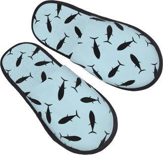 Generic Fuzzy Slippers Black Tuna Fish Lightweight Fleece Slippers Unisex Anti-Slide Slipper For Spa Hotel Ladies L
