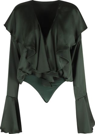 Norma Kamali Green Long Sleeve Deep V Ruffle Flounce Polyester Bodysuit