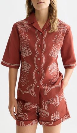Scotch & Soda Embroidered Cotton & Linen Button-Up Shirt in Burnt Henna at Nordstrom, Size 12 Us
