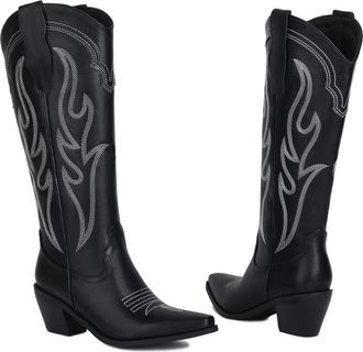 Generic Womens Western Knee-High Boots Faux Leather Rhinestone Embroidery Pointed Toe Mid Chunky Block Heels Soft Lining Durable Non-Slip Design,Black,3.5 UK