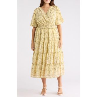 Max Studio Print Puff Sleeve V-Neck Dress in Yellow Tossed Meadow at Nordstrom Rack, Size 1 X