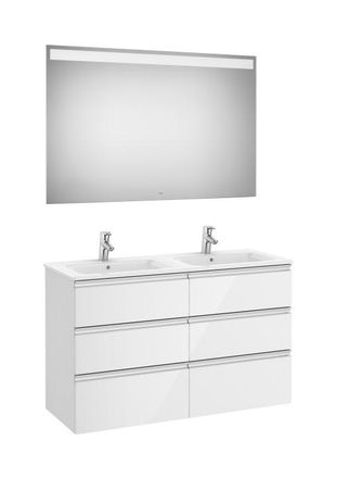 Roca Roca - Pack Mueble Base De 6 Cajones + Lavabo Doble + Espejo Led The Gap Color: Blanco Brillo