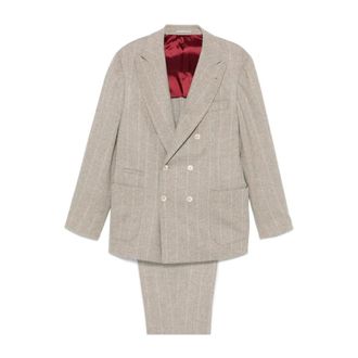 Brunello Cucinelli Double Breasted Suits, male, Gray, L, Taupe Pinstripe Wool Suit Set