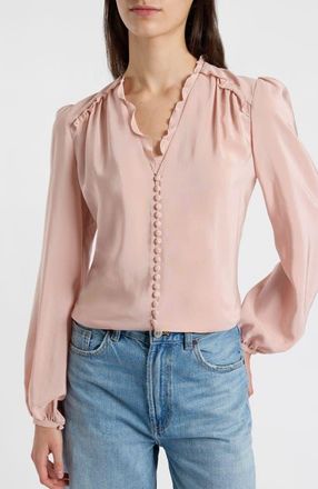 Santorelli Blaine Long Sleeve Ruffle Silk Top in Blush at Nordstrom, Size 4