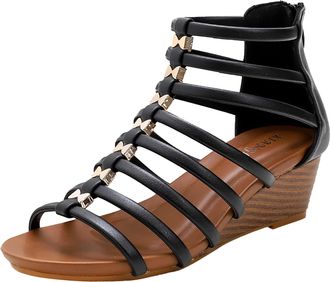 Generic Retro Roman Wedge Sandals Women - Strappy Leather Sandals Back Zip Ankle Wrap Sandal Slip On Walking Slide Sandals Peep Toe Beach Sandles Ladies Outdo