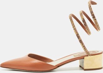 Rene Caovilla Ren&eacute; Caovilla Brown Leather Crystal Embellished Ankle Wrap Pumps