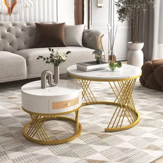 STILVORA 2 Piece Round Coffee Table Set with Drawer White & Gold