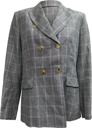 Sandro Sandro Iveline Check-Print Double-Breasted Blazer in Grey Linen